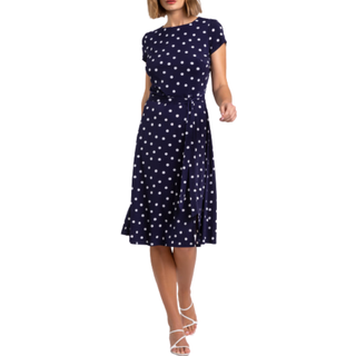Roman Roman Blue Tie Waist Spot Print Dress