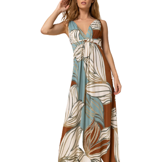 Roman Roman Blue Abstract Leaf Print V Neck Maxi Dress