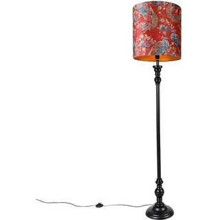 Gulvlampe sort med rød påfugleskærm 40 cm - Classico