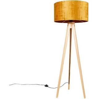 Gulvlampe træ med stofskærm guld 50 cm - Tripod Classic