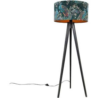 Gulvlampe Tripod sort med skærm påfugl 50 cm - Tripod Classic