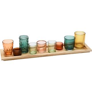 Kreative co-op runde glas Votive indehavere på træbakke flerfarvet sæt på 9