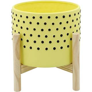 Sagebrook Home 8 """" Planter p? stand - Keramisk planter p? tr?base - Moderne gul og sort prikket design indend?rs eller udend?rs plantestandindre