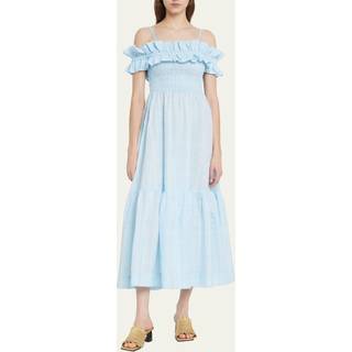 Ganni Ruched off-shoulder maxi dress - blue - XXS