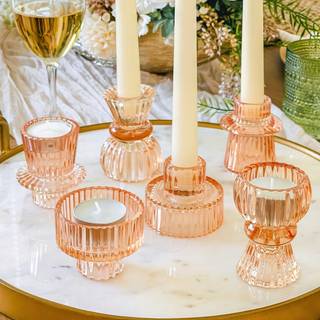 Kate Aspen Doube -sidet vintage ribben Rose Gold Pink Glass Candlestick indehavere Søjle Lys Tealight & Votive Candle Indehavere (sæt med 6 3 stø