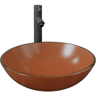 håndvask til badeværelse m. hane og bundventil hærdet glas brun