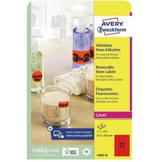 Avery L6003-25 Square etiketter neon, RØD 27 pr. ark 63,5x29,6 25 ark