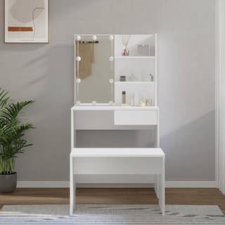 makeupbordssæt med LED-lys konstrueret træ hvid