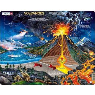 Larsen Puzzles Vulkaner - 70-brikkers uddannelsespuslespil til børn: Lær om udbrud, lava, aske og gasser