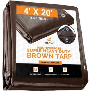4 'X 20' Super Heavy Duty 16 Mil Brown Poly Tarp -d?kning - Tyk vandt?t UV -resistent rip og t?reikker tarpaulin med grommets og forst?rkede kant