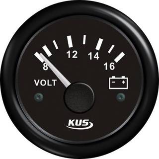 Voltmeter KUS, dugfri, Ø52 mm, 12 V, sort, 8 - 16 V