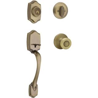 Kwikset Belleview hovedd?rl?sh?ndtag og deadbolt s?tter indgangsh?ndterede udvendige med indvendig d?rknap Antik messing Pick Resistant SmartKey