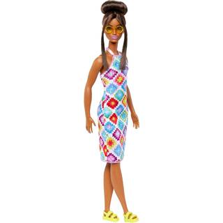 Barbie Fashionistas #210 - dukke med brunt hår i knold og farverig kjole