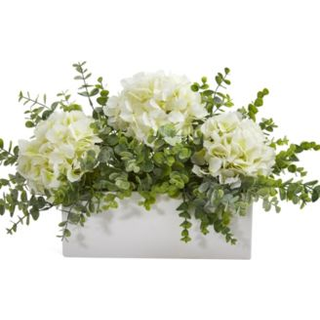 Næsten naturlig 15in. Hydrangea og Eucalyptus kunstig arrangement i hvid vase