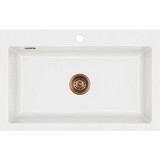Lavabo Mera 80 porcelæn køkkenvask med hanehul og kobber afløb 800 x 510 mm til nedfældning i Mat hvid
