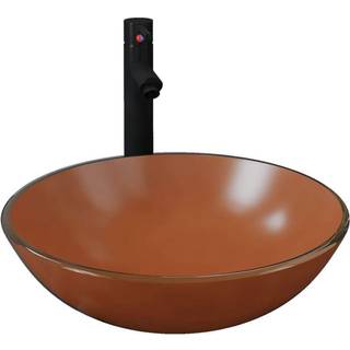 håndvask til badeværelse m. hane og bundventil hærdet glas brun