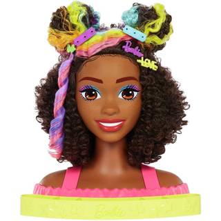 Barbie Deluxe Styling Head Neon regnbue-krøllet hår Hmd79 - 22 stylingdele, Color Reveal-tilbehør, opbevaringsbase