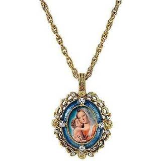 Symboler p? tro """" Inspirationer """" 14k gulddyppet krystalbl? emalje Mary og b?rnependel halsk?de