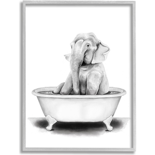 Stupell industrier elefant i et karbad sjovt dyre badev?relse tegning design af rachel neiman v?g art 16 x 20 gr? indrammet