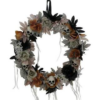 Haunted Hill Farm 22-in. Gotisk kraniumkrans med flerfarvede blomster indendørs eller dækket udendørs Halloween -dekorationer skræmmende Hallowee