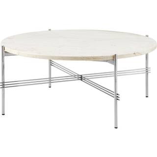 Gubi - TS Coffee Table - Round, Ø80 Polished Steel Base, Table Top Neutral White Travertine - Sideborde - GamFratesi - Hvid - Metal/Sten