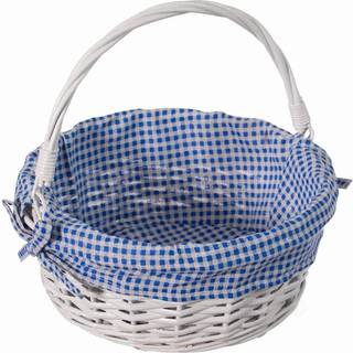 Traditionel hvid runde pil gavekurv med bl? og hvid gingham foring og robust sammenfoldelig h?ndtag mad snacks opbevaringskurv lille