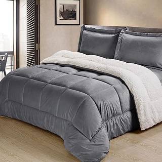 Cathay Home Queen Comforter Set: Ultra Soft and Plush Reversible Micromink og Sherpa 3-Piece Bedding Set Pewter Queen (90 """" X 90 """")