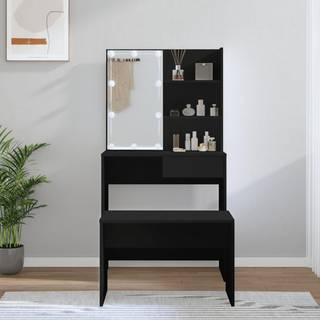 makeupbordssæt med LED-lys konstrueret træ sort
