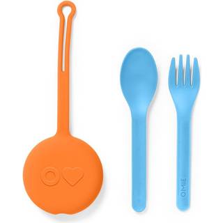 Omie Omiebox Kids redskaber sæt med sag - 2 stykker plast genanvendelig gaffel og ske sølvtøj med pod til børn (solopgang)