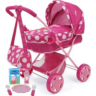 Peppa Pig: Baby Classic Doll Pram Set - Pink & White Dots - 7 Piece Set Passer til dukker op til 18 """" Udtr?kkelig baldakinopbevaringskurvblepose