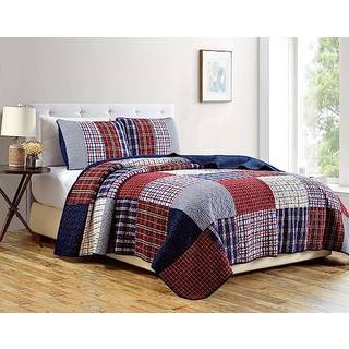 Chezmoi Collection Grizzly 3-delt rutet rutet patchwork quiltet 100% vasket bomuld reversibel senget?ppe quilt s?t konge