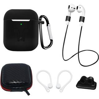 Hurtel AirPods (1 & 2. gen.) Silikone Case Sæt m. Etui, Neck Strap & Ear Hook - Sort