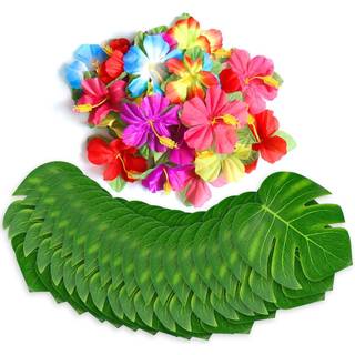 60stk tropiske festdekorationer leverer tropiske palmeblade Hibiscus Flowers Simulering Kunstigt blad til Hawaiian Luau Safari Party Jungle Beach
