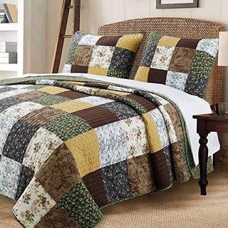 Hyggeligt linje hjem mode Andy Mustard Yellow Country Farmhouse Real Patchwork Quilt Sengding Set 100% Bomuld Reversible Coverlet Bedning (Brown