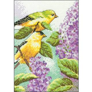 Dimensioner Goldfinch og Lilacs t?llede Cross Stitch Kit 14 Count White Aida 5 X 7