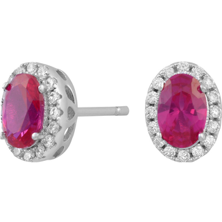 Sølv ovale roset ørestikker m. zirkonia og synt. pink safir**