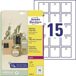 Avery T3003-10 Manillamærker hvide 190g Folie 50x50mm, 10ark