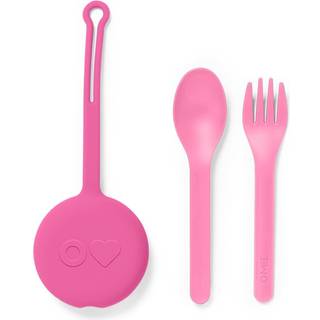 OmieBox b?rneredskaber s?t med etui - 2 dele plast genanvendelig gaffel og ske s?lvt?j med pude til b?rn (boble pink)