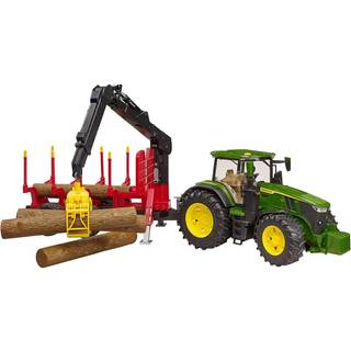 Bruder John Deere 7R 350 traktor og anhænger med løftearm og 4 tømmerstokke - 03154