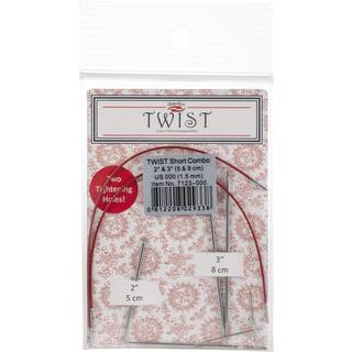 ChiaoGoo Udskiftelige Rundpinde TWIST Short Combo Pakke Indhold:2 sæt pinde på hhv. 5 cm og 8 cm, to kabler på hhv. 13 cm og 15 cm, to strammenøgler Type:Udskiftelige rundpinde Materiale: Pinde i rustfrit stål og kabler i nylonbelagt stål Størrelser:1.50- 3.25 mm i Mini med røde kabler og 3.50-5.00 mm i Small med blå kabler.