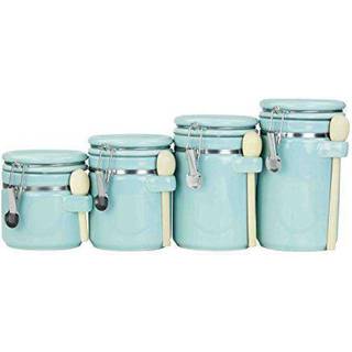 Canister sæt til køkkenet (4 stykke) turkis højglans keramik | Af basis af hjemmet | Dekorativt sæt | Med træskeer bordplade til melsukkerkaffe o