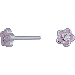 Rhod. Sølv ørestik blomst m. lyserød emalje +cz