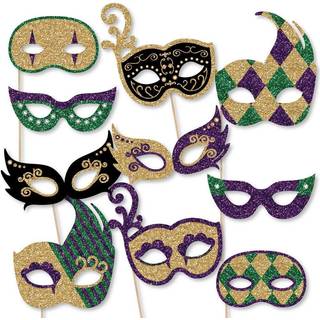 Mardi Gras Masks & Glasses - Paper Card Stock Masquerade Party Photo Booth Props Kit - 10 Count