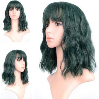 Faelbaty korte gr?nne parykker med luftpande skulderl?ngde bob paryk til kvinder kr?llet b?lget syntetisk cosplay paryk til pige (12 """" m?rkegr?n