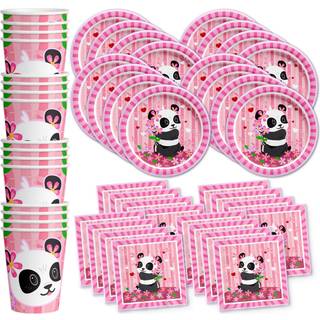 Pink Panda Birthday Party Supplies Set Plates Servietter Cups Tableware Kit til 16