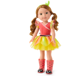 American Girl Welliewishers 14,5-tommer Willa dukke med koral leotard mesh nederdel hovedb?nd og st?vler i alderen 4+