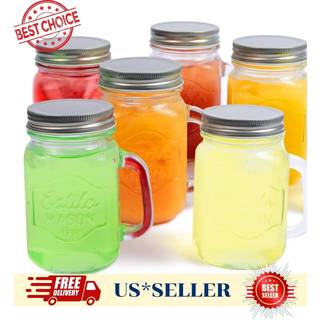 Estilo Mason Jar 16 Oz Sæt med 6 glasdrikkekopper med håndtag Tin låg natten over havre Jars Smoothie Cups