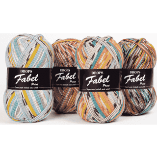 DROPS Fabel Print 162 Havblå Indhold: 75% Uld, 25% Polyamid Garngruppe: A (23 - 26 masker) / 4 ply / fingering Vægt/længde: 50 gram = ca. 205 meter Anbefalede pinde: 3 mm Strikkefasthed: 10 x 10 cm = 24 m x 32 p Finvask eller Uldvask 40ºC / Brug aldrig skyllemiddel / Tørres fladt.