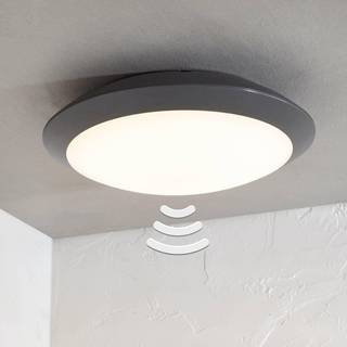 Lindby LED udendørs loftlampe Naira, grå, sensor, 30 cm, IP65