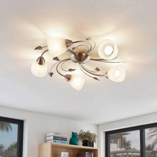 Lindby loftlampe Yannie, 5 lyskilder, 60 cm, nikkel/hvid, glas